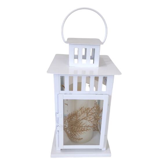 White Metal & Glass Lantern with Automated Candle Home Decor Holiday Lighting - Picture 1 of 6